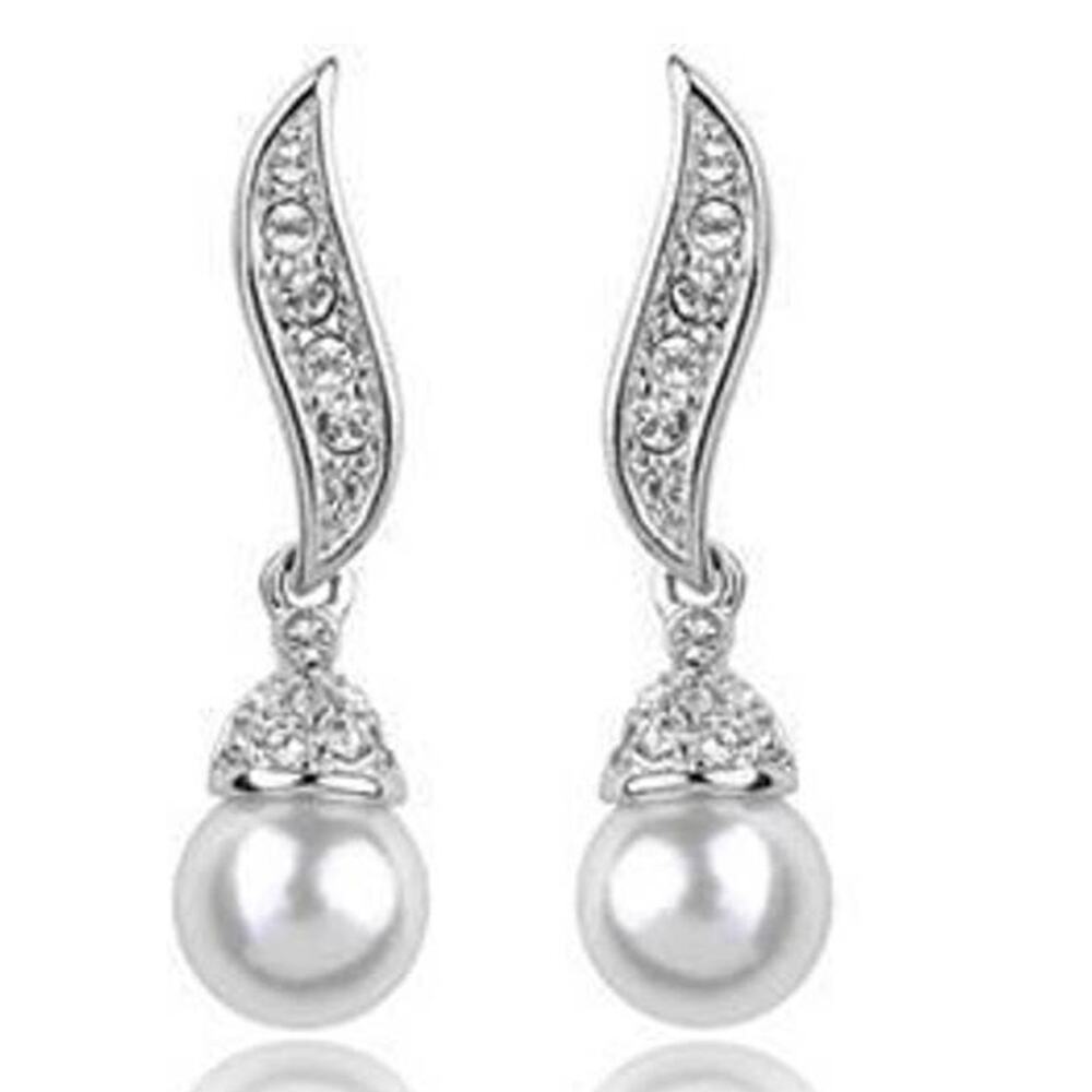 Silver Pearl Rhinestone Crystals Dangle Drop Post Fashion Earrings ~ NEW